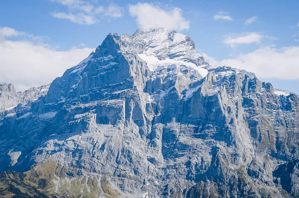 Close-up view of snow-covered Swiss mountain peak