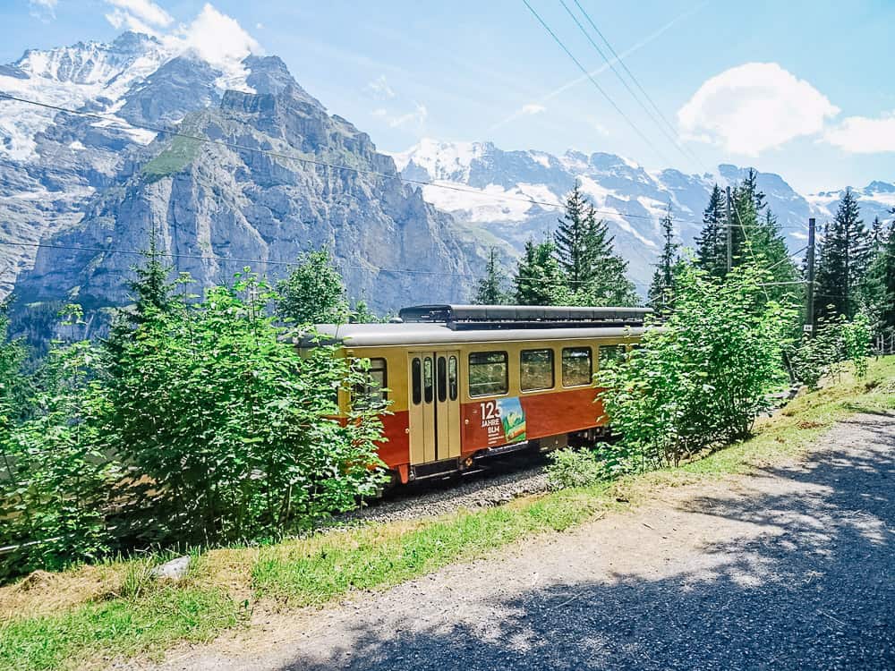 Mountain train near Grutschalp on Lauterbrunnen hiking route