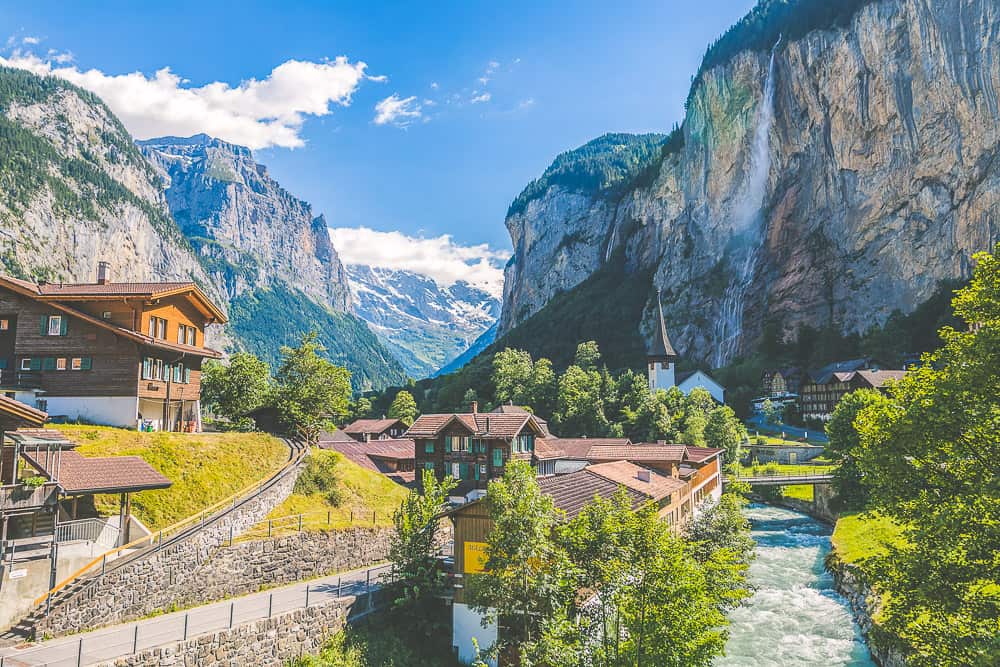 Lauterbrunnen valley with waterfalls and Swiss houses