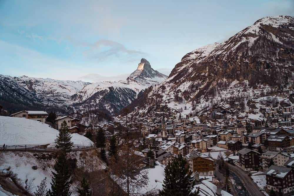 Snowy view of Zermatt town with the Matterhorn in the distance