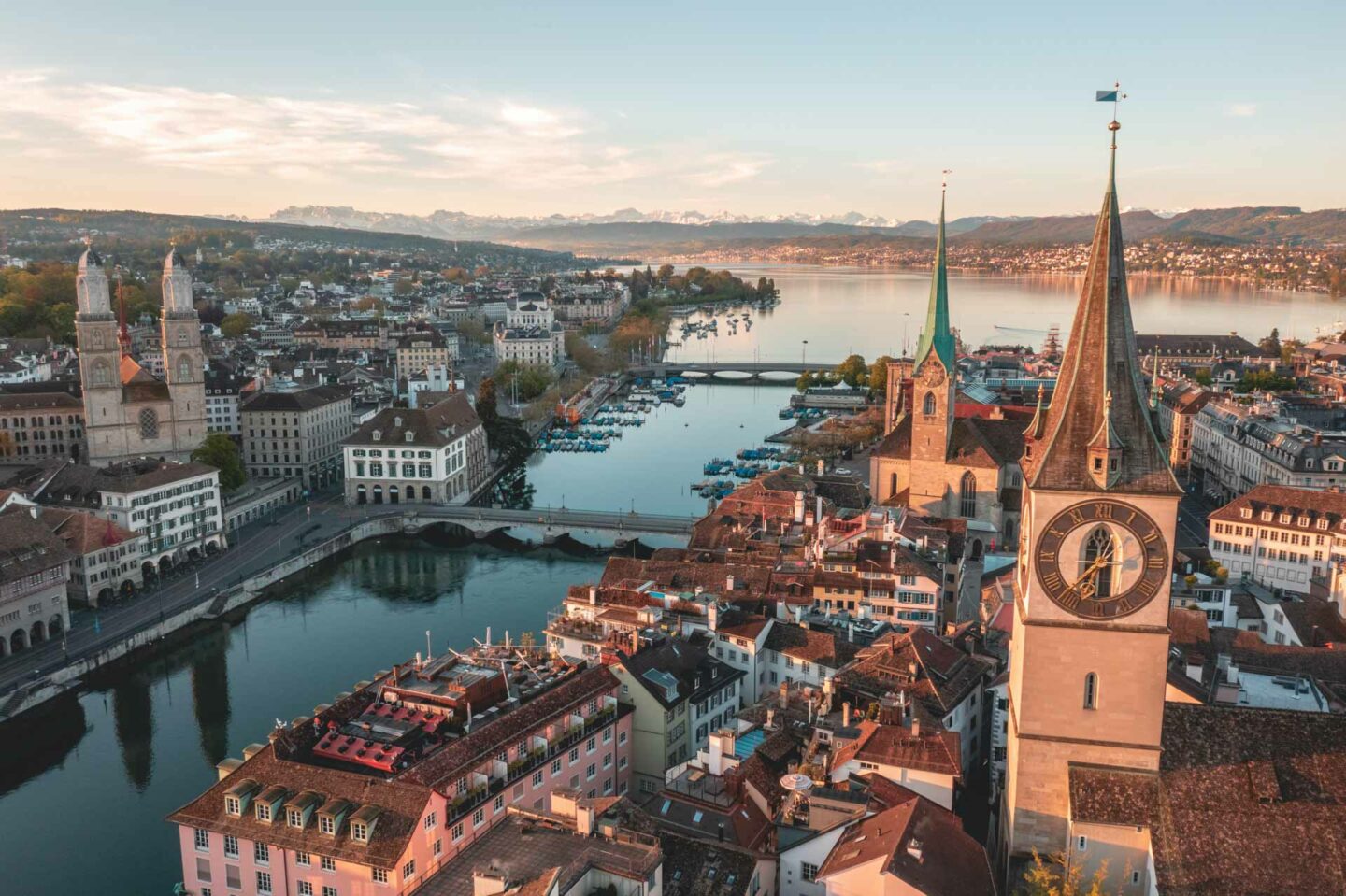 Aerial view of Zurich city with river and lake.