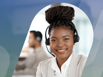 Woman in office wearing headset