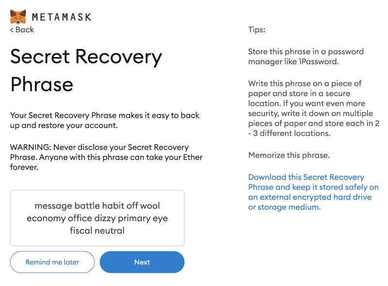 Secret words MetaMask